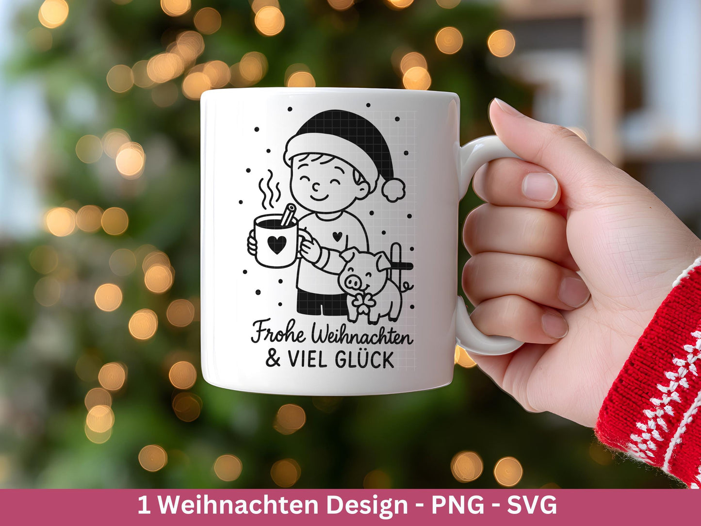 Weihnachten SVG Laserdatei – Frohe Weihnachten & Viel Glück Design – Plotterdatei Junge mit Schwein und Tasse – Cricut Silhouette Geschenk