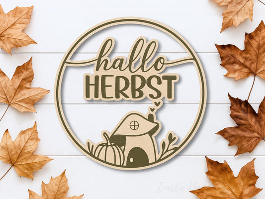 Hallo Herbst SVG Laserdatei – Plotterdatei Herbstkranz mit Kürbis & Pilz – Herbst Deko Vorlage für Cricut Silhouette Glowforge DIY Basteln