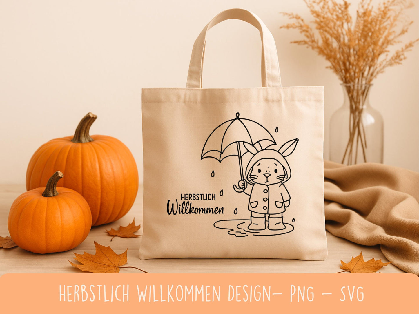Plotterdatei Herbst Hase SVG – Herbstlich Willkommen – Niedliches Hasen Design mit Regenschirm – Laserdatei PNG Cricut Silhouette Basteln
