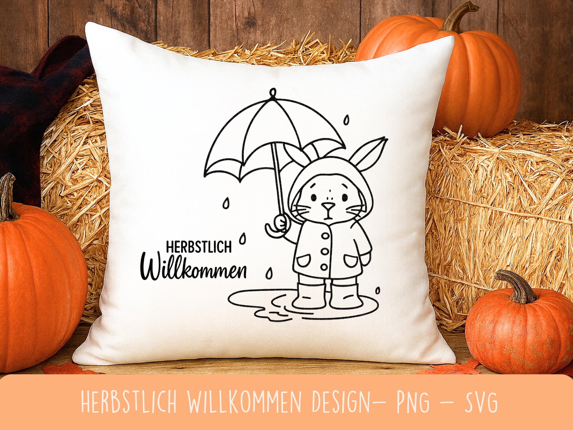 Plotterdatei Herbst Hase SVG – Herbstlich Willkommen – Niedliches Hasen Design mit Regenschirm – Laserdatei PNG Cricut Silhouette Basteln