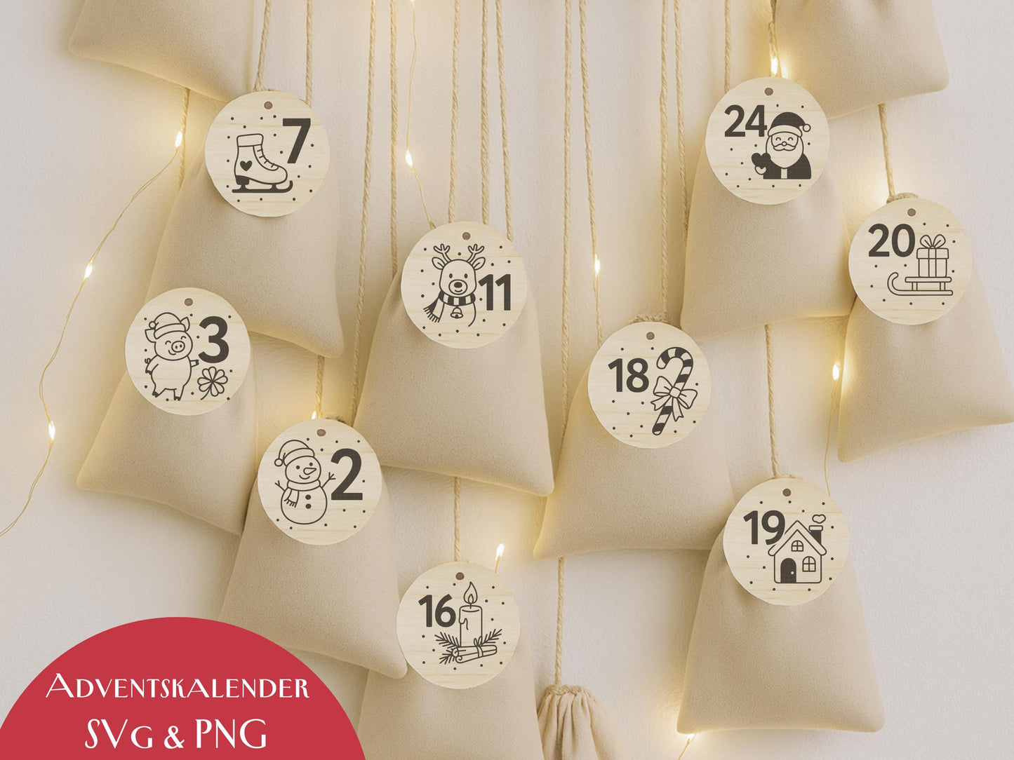 Laserdatei Adventszahlen Anhänger – Adventskalender Weihnachten SVG PNG – Holzanhänger für Kinder – DIY Weihnachtsdeko Plotter & Laserdatei