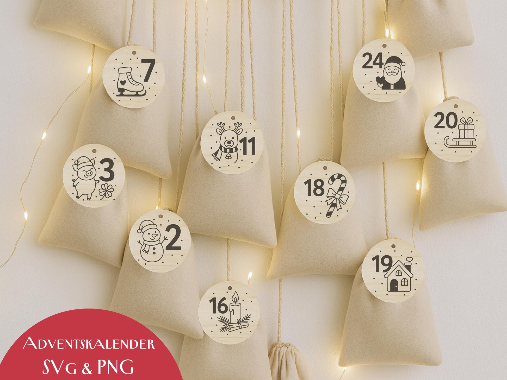 Laserdatei Adventszahlen Anhänger – Adventskalender Weihnachten SVG PNG – Holzanhänger für Kinder – DIY Weihnachtsdeko Plotter & Laserdatei