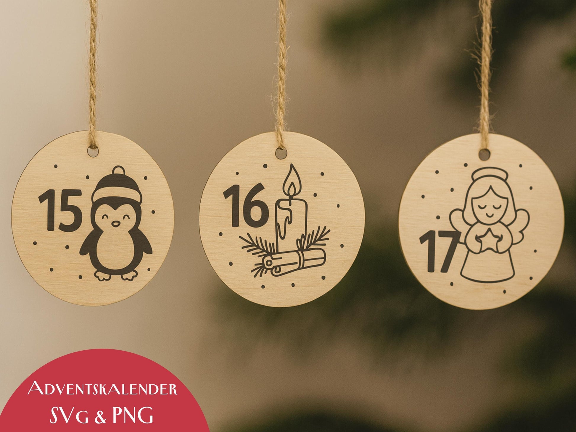 Laserdatei Adventszahlen Anhänger – Adventskalender Weihnachten SVG PNG – Holzanhänger für Kinder – DIY Weihnachtsdeko Plotter & Laserdatei