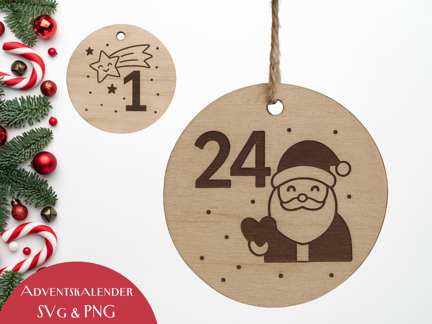 Laserdatei Adventszahlen Anhänger – Adventskalender Weihnachten SVG PNG – Holzanhänger für Kinder – DIY Weihnachtsdeko Plotter & Laserdatei
