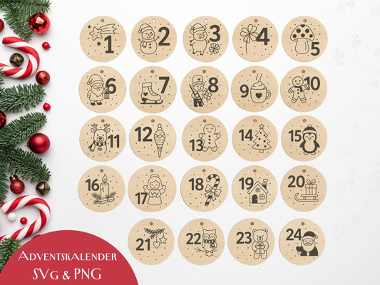 Laserdatei Adventszahlen Anhänger – Adventskalender Weihnachten SVG PNG – Holzanhänger für Kinder – DIY Weihnachtsdeko Plotter & Laserdatei