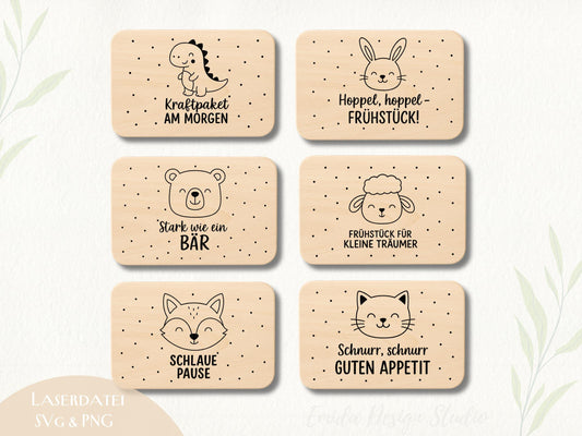 Laserdatei Kinder Frühstücksbrettchen – Lustige Sprüche SVG PNG – Holz Gravur Datei Tiere – Frühstück Brett Gravur für Kinder Geschenkidee