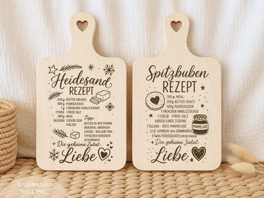 Laserdatei Weihnachtsrezepte – Spitzbuben & Heidesand – SVG PNG Gravurdatei für Holzbrettchen – Weihnachtsbäckerei Geschenkidee Küche Deko