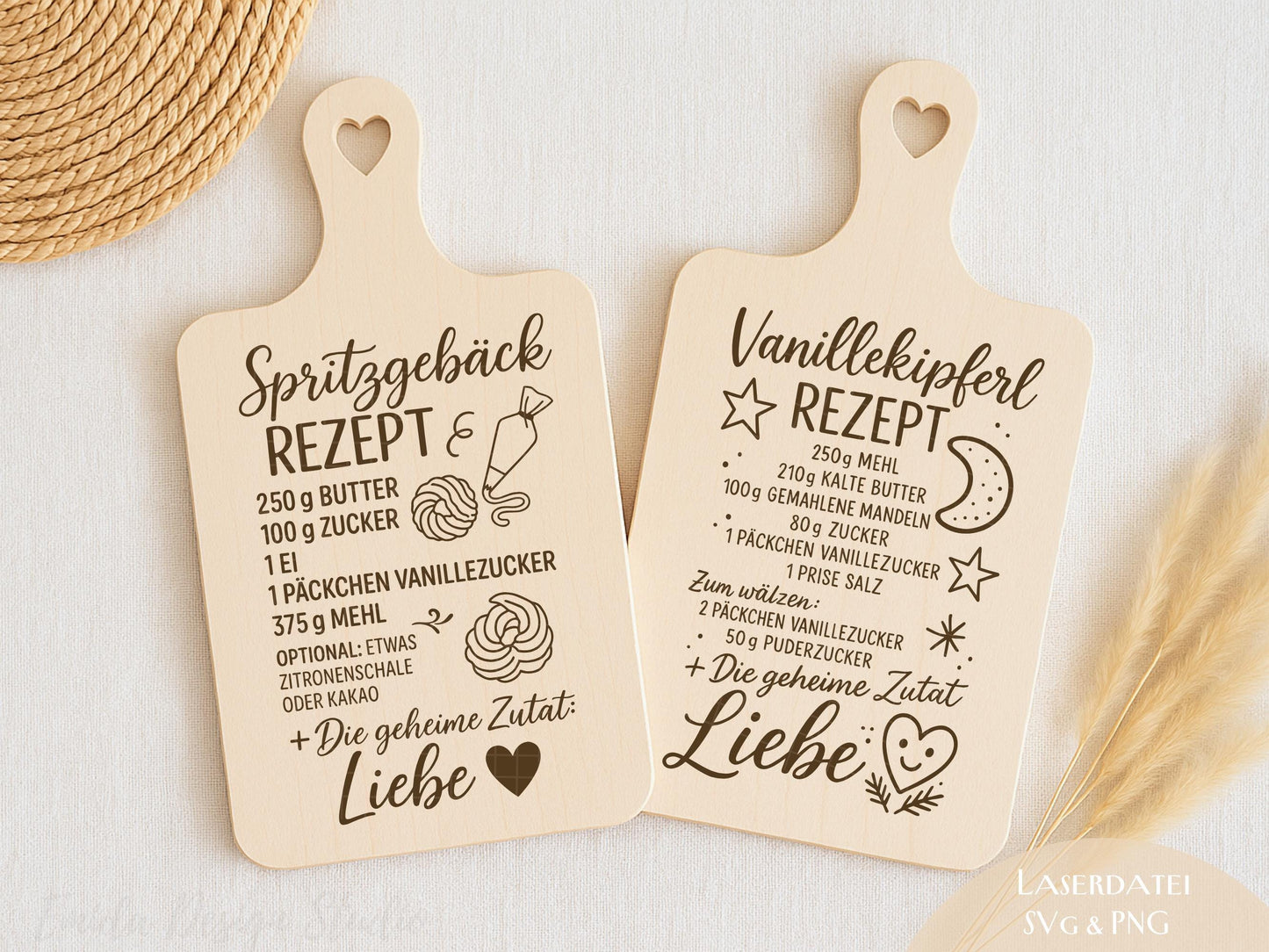 Laserdatei Weihnachtsrezepte – SVG PNG – Gravurdatei für Holzbrettchen – Spritzgebäck & Vanillekipferl – Plätzchen Rezepte Geschenkidee DIY