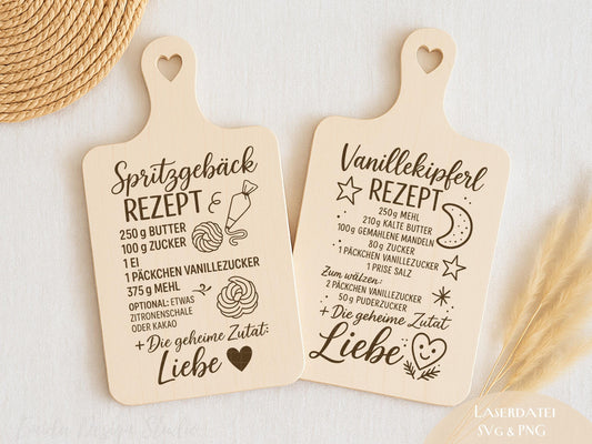 Laserdatei Weihnachtsrezepte – SVG PNG – Gravurdatei für Holzbrettchen – Spritzgebäck & Vanillekipferl – Plätzchen Rezepte Geschenkidee DIY