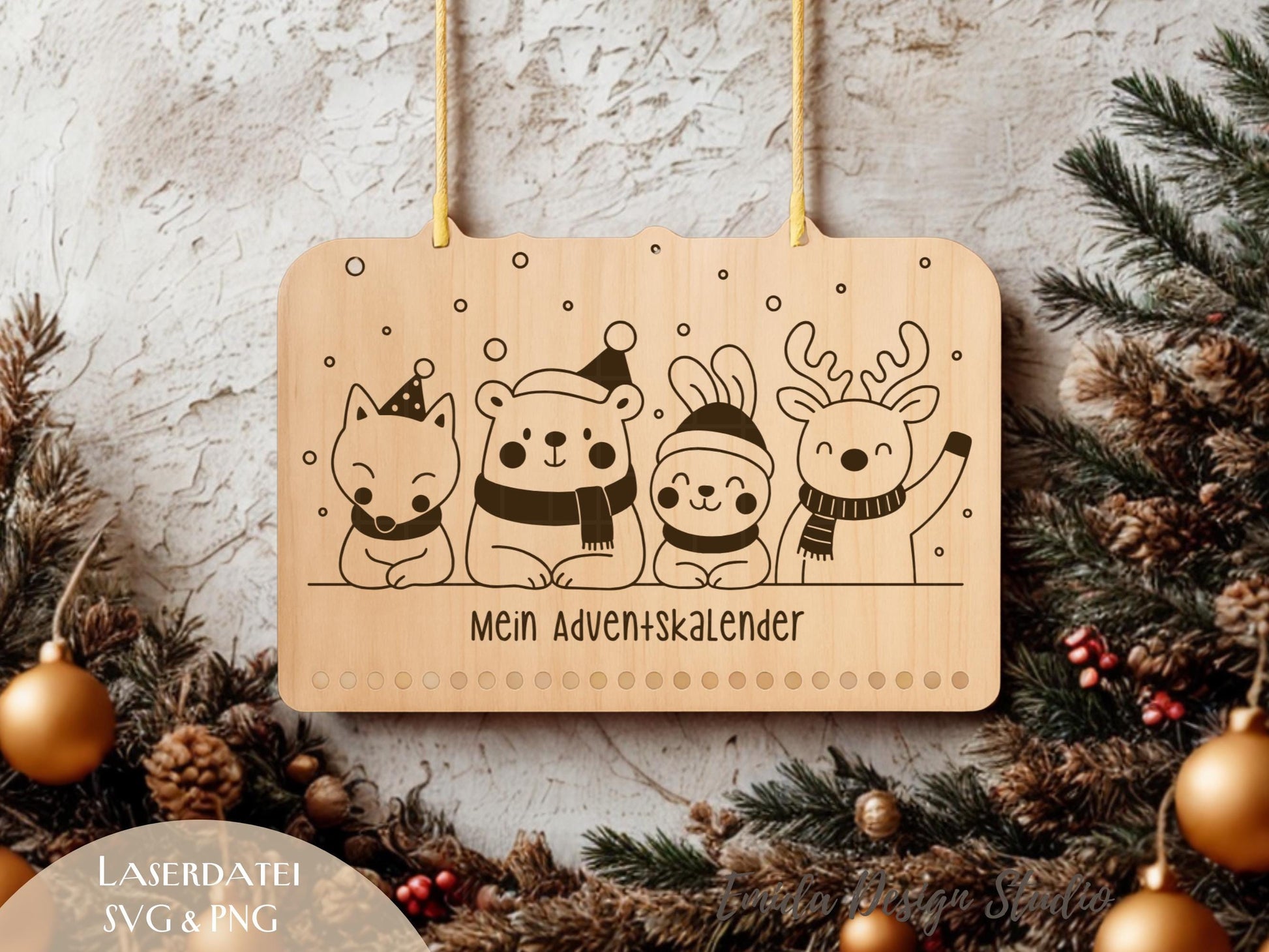 Laserdatei Adventskalender SVG & PNG – Plotterdatei Weihnachten – Weihnachtskalender Holz – Adventszahlen Anhänger - Kinder Geschenkidee DIY