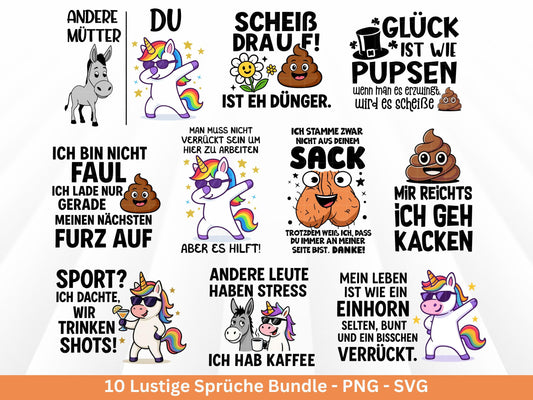 Lustige Sprüche SVG Plotterdatei Bundle – Einhorn Svg - Kackhaufen Poop Emoji – Deutsche Sprüche für Tassen Shirt Jutebeutel Cricut Geschenk