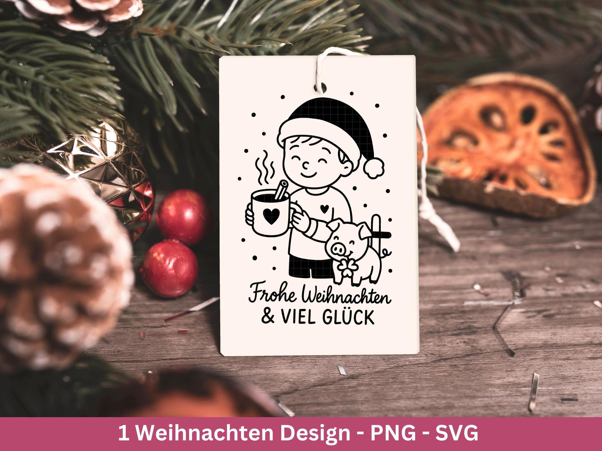 Weihnachten SVG Laserdatei – Frohe Weihnachten & Viel Glück Design – Plotterdatei Junge mit Schwein und Tasse – Cricut Silhouette Geschenk
