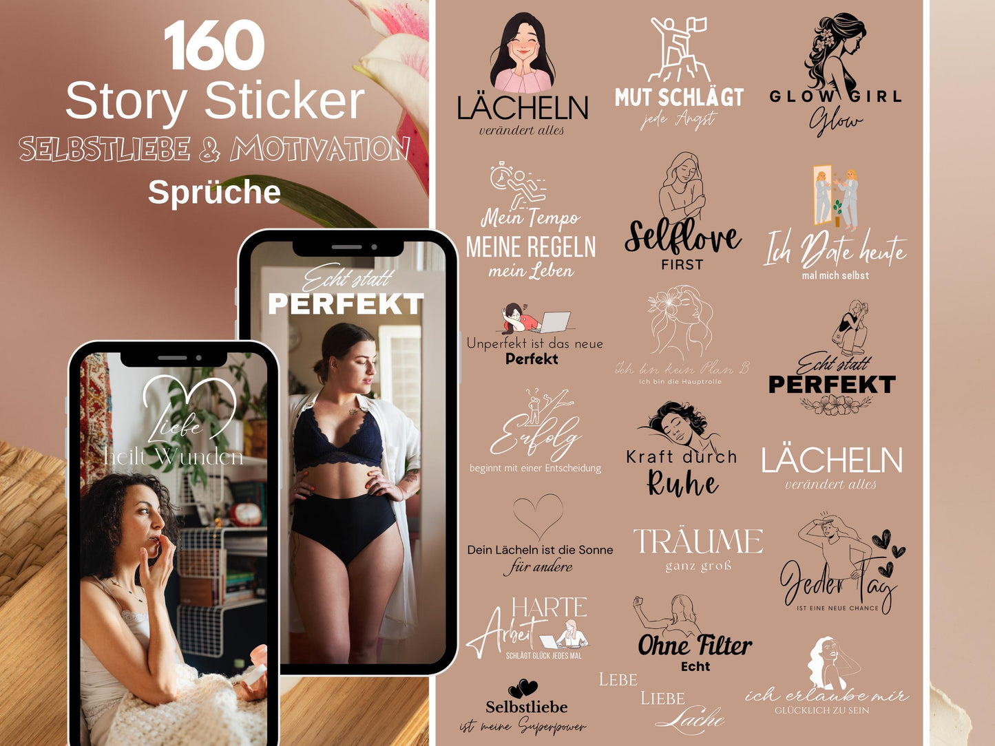 160 Instagram Story Sticker Deutsch – Selbstliebe & Motivation – Sprüche Humor Daily Basic – Kalligraphie Guten Morgen Home Sticker Zitate