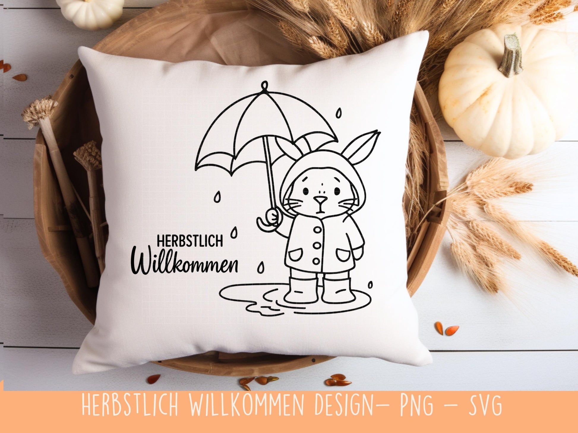Plotterdatei Herbst Hase SVG – Herbstlich Willkommen – Niedliches Hasen Design mit Regenschirm – Laserdatei PNG Cricut Silhouette Basteln