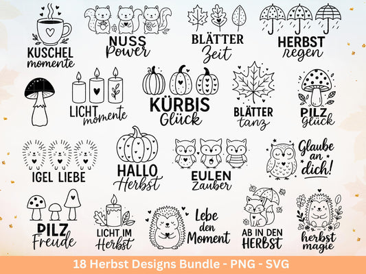 Herbst Plotterdatei Bundle – Herbst Sprüche & Motive – SVG PNG – Kürbis Igel Eulen Pilze Blätter – Laserdatei DIY Deko Geschenkidee Basteln