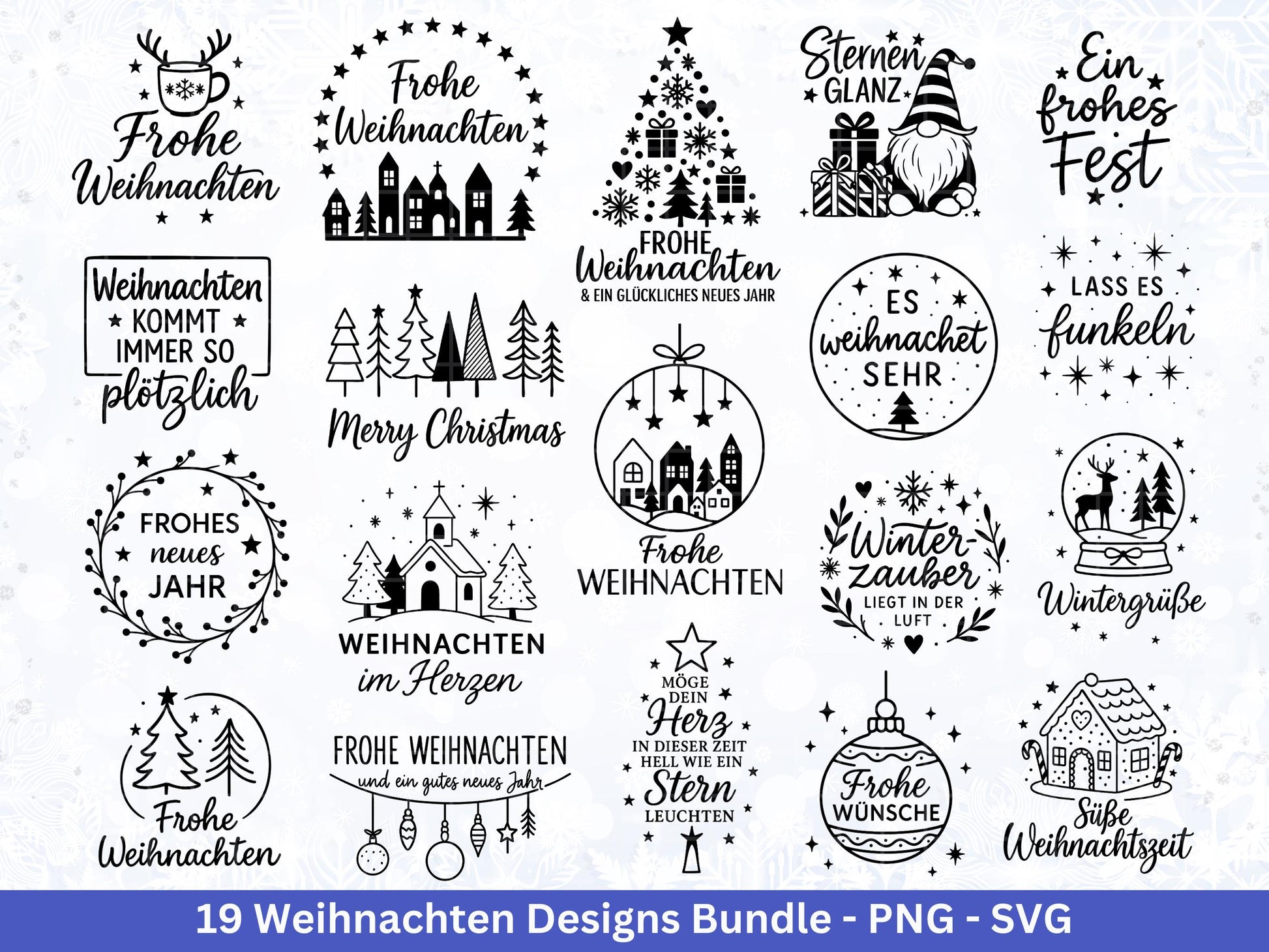 Weihnachten SVG Bundle – Plotterdatei & Laserdatei | Deutsche Sprüche Wintermotive (Kranz, Dorf, Kirche, Schneekugel) | PNG SVG | Cricut