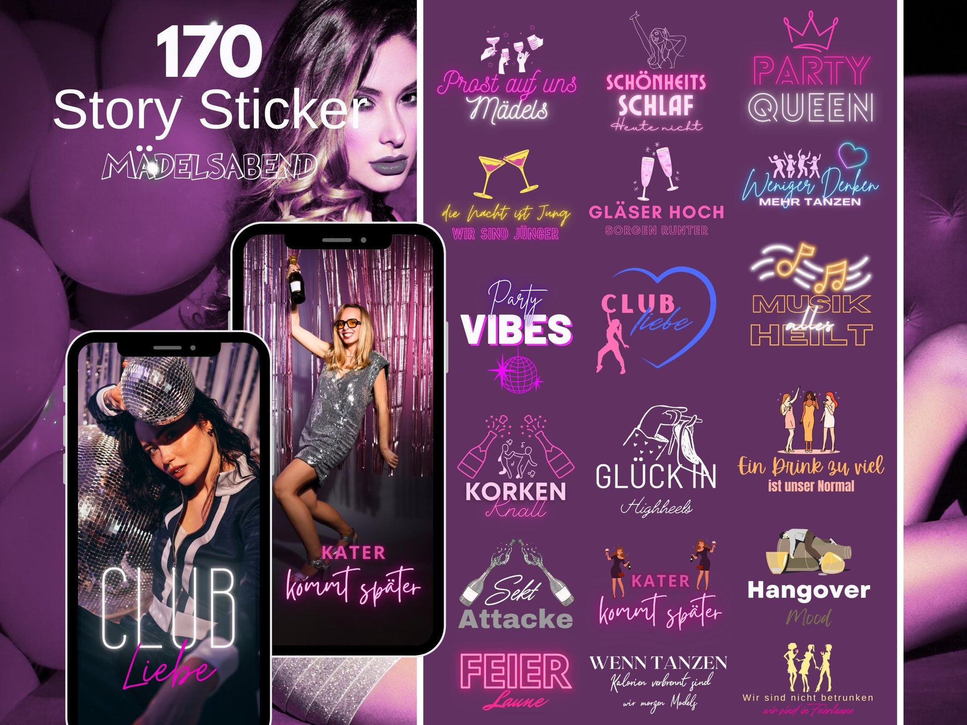 170 Instagram Story Sticker Mädelsabend – Girls Night Out Bundle – Party Tanzen Drinks Sprüche – Insta Stories Daily Sticker Freundin Pack