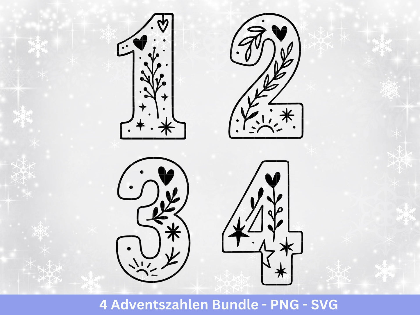 Adventszahlen 1-4 – Plotterdatei & Laserdatei – Weihnachten Zahlen SVG PNG – Adventskranz Deko – DIY Weihnachtsdeko Cricut Silhouette
