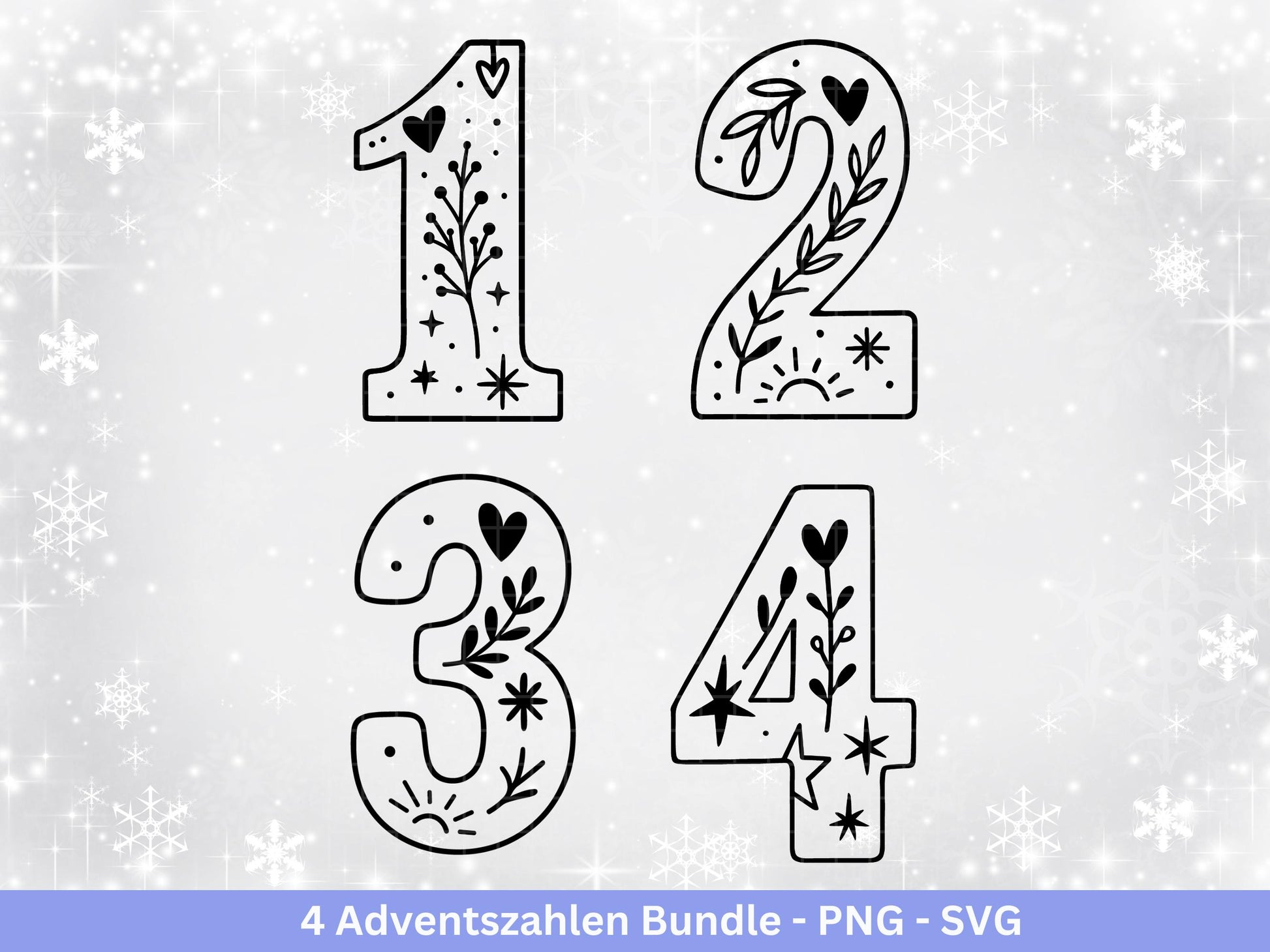 Adventszahlen 1-4 – Plotterdatei & Laserdatei – Weihnachten Zahlen SVG PNG – Adventskranz Deko – DIY Weihnachtsdeko Cricut Silhouette