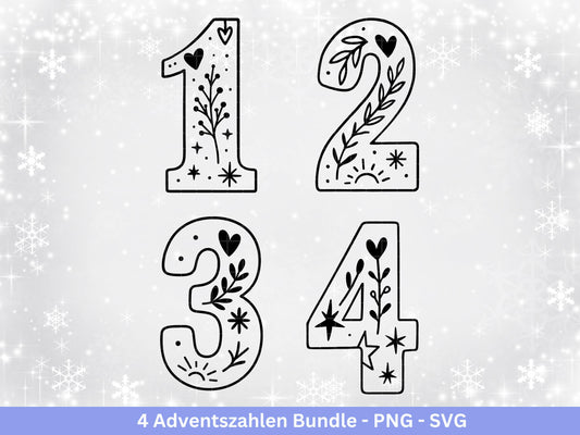 Adventszahlen 1-4 – Plotterdatei & Laserdatei – Weihnachten Zahlen SVG PNG – Adventskranz Deko – DIY Weihnachtsdeko Cricut Silhouette