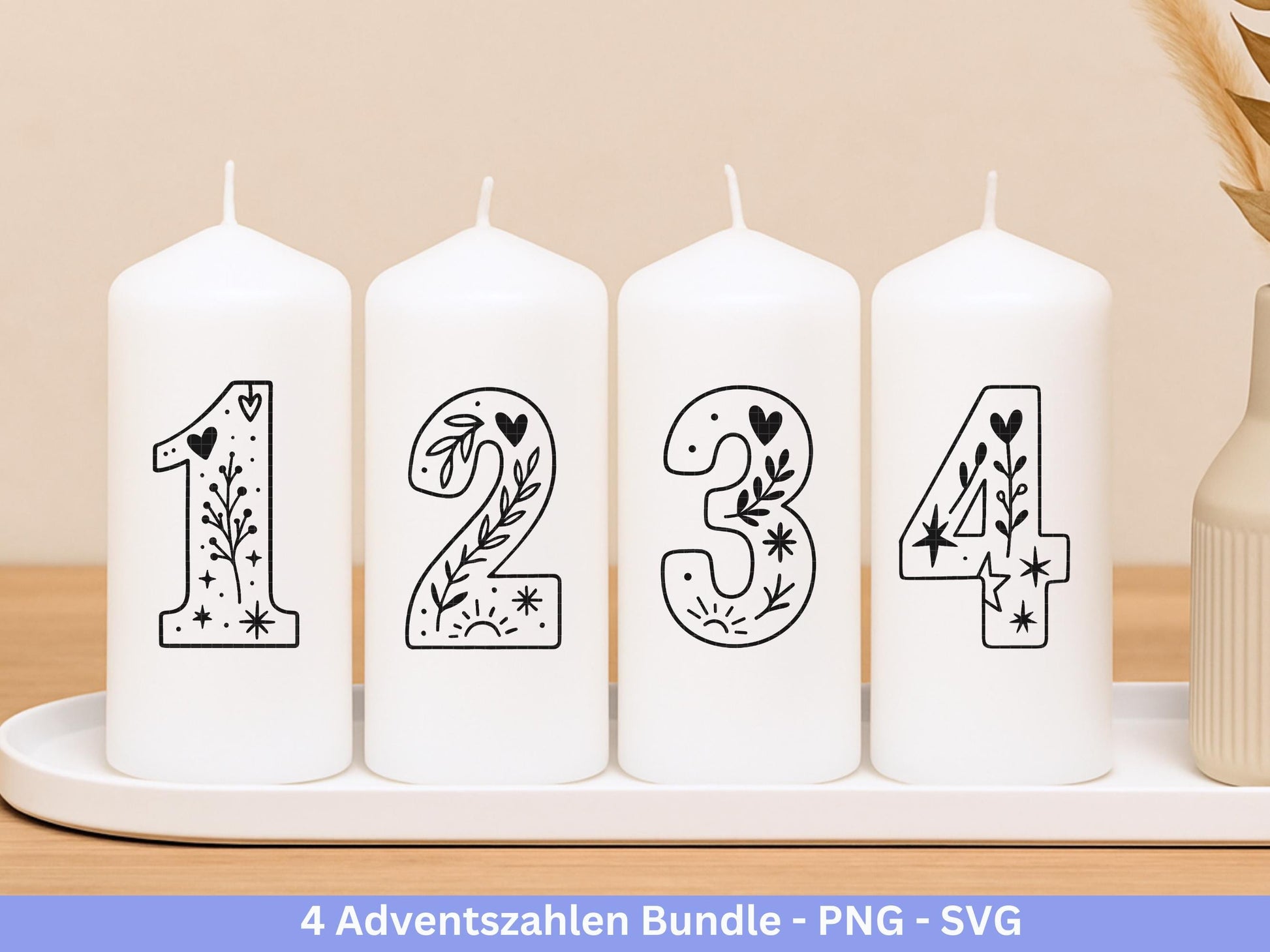 Adventszahlen 1-4 – Plotterdatei & Laserdatei – Weihnachten Zahlen SVG PNG – Adventskranz Deko – DIY Weihnachtsdeko Cricut Silhouette