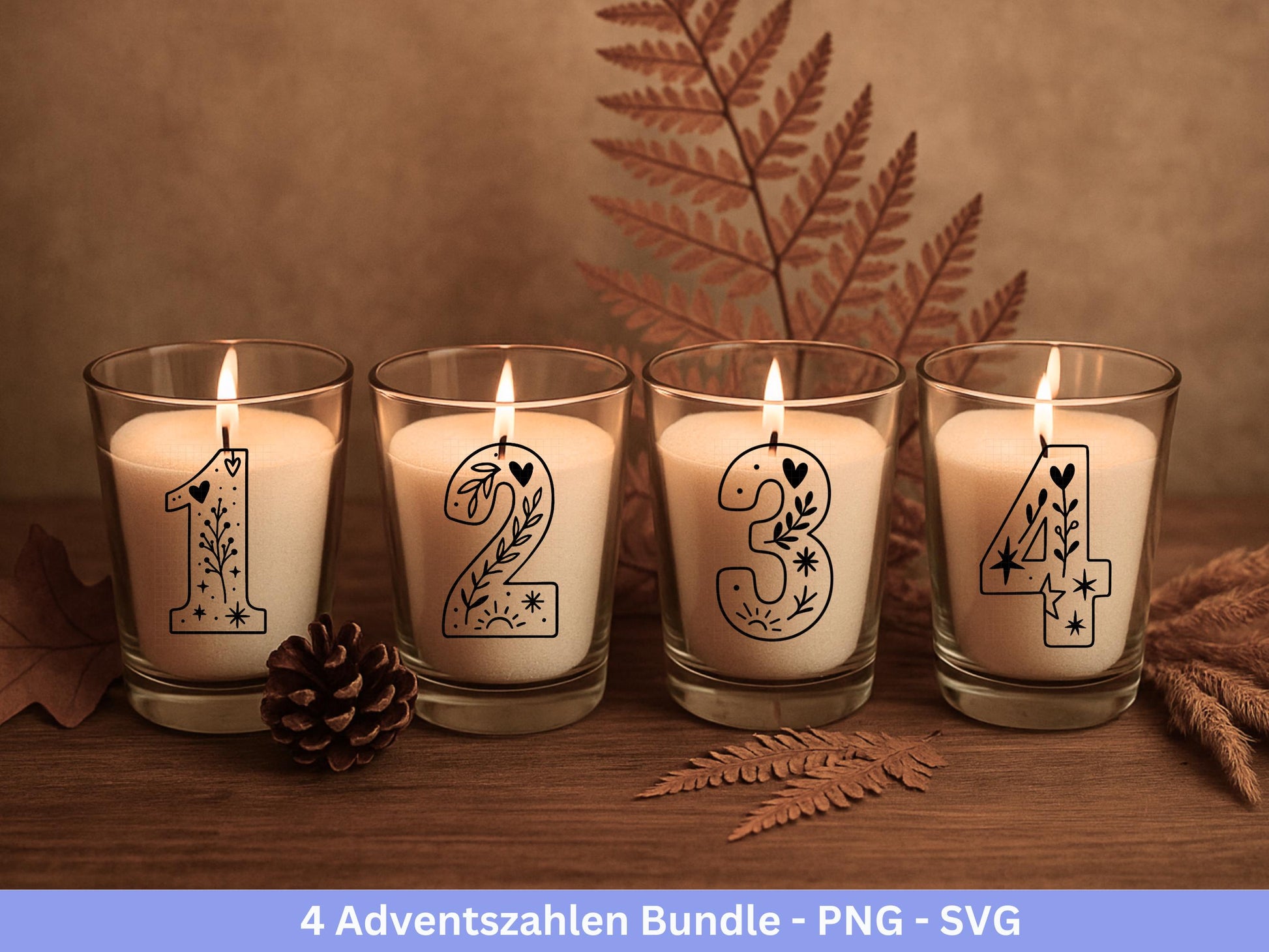 Adventszahlen 1-4 – Plotterdatei & Laserdatei – Weihnachten Zahlen SVG PNG – Adventskranz Deko – DIY Weihnachtsdeko Cricut Silhouette
