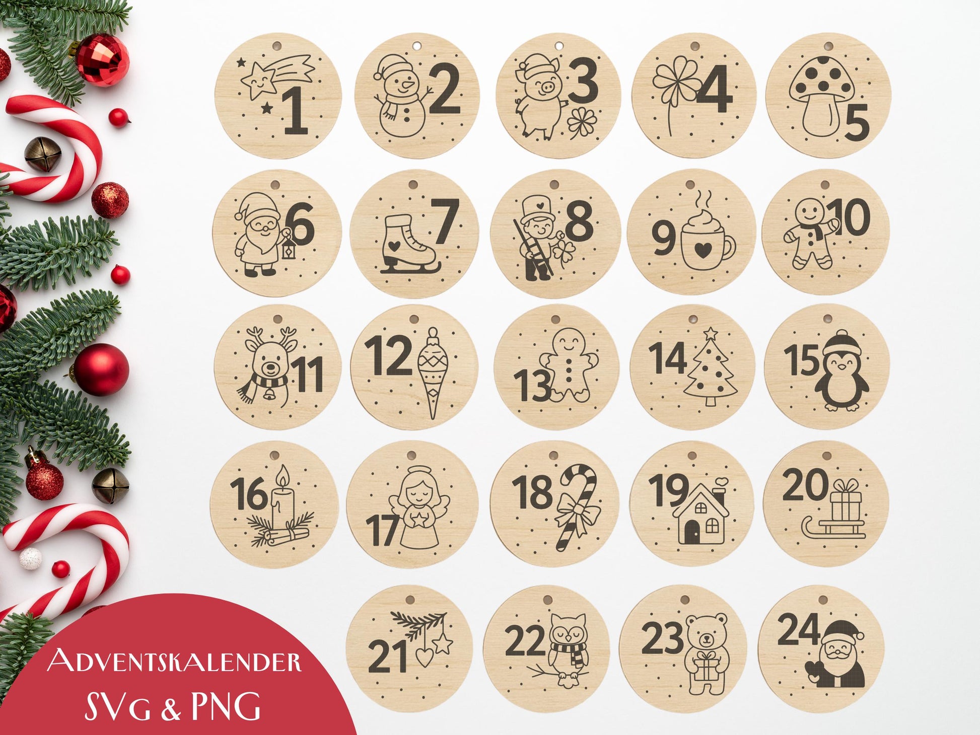 Laserdatei Adventszahlen Anhänger – Adventskalender Weihnachten SVG PNG – Holzanhänger für Kinder – DIY Weihnachtsdeko Plotter & Laserdatei