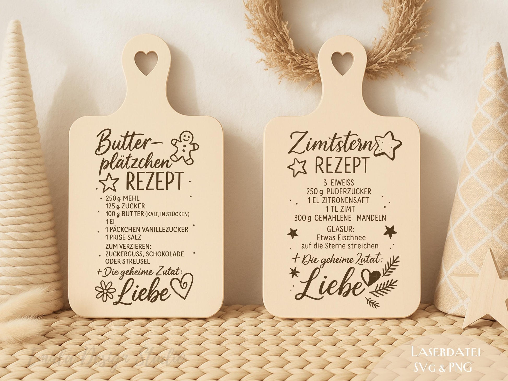 Laserdatei Weihnachtsrezepte – SVG PNG – Zimtsterne & Butterplätzchen – Gravurdatei für Holzbrettchen – Weihnachtsdeko Geschenkidee Küche