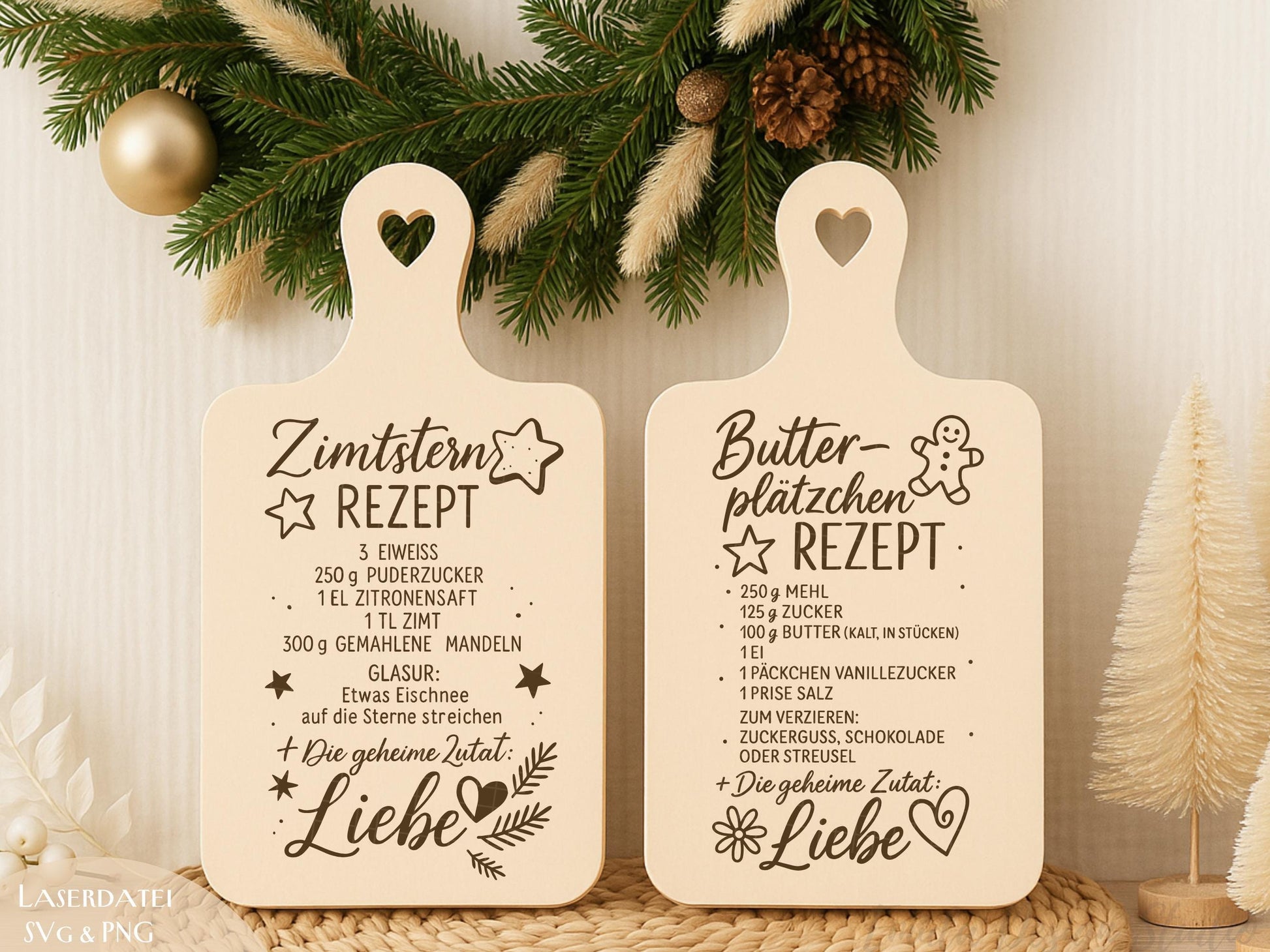Laserdatei Weihnachtsrezepte – SVG PNG – Zimtsterne & Butterplätzchen – Gravurdatei für Holzbrettchen – Weihnachtsdeko Geschenkidee Küche