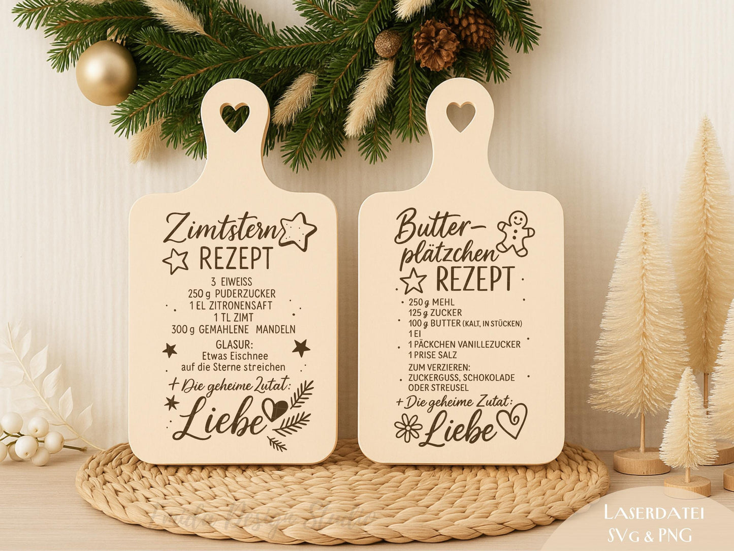Laserdatei Weihnachtsrezepte – SVG PNG – Zimtsterne & Butterplätzchen – Gravurdatei für Holzbrettchen – Weihnachtsdeko Geschenkidee Küche