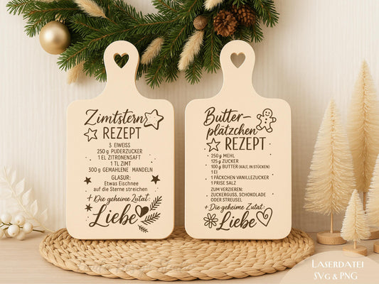 Laserdatei Weihnachtsrezepte – SVG PNG – Zimtsterne & Butterplätzchen – Gravurdatei für Holzbrettchen – Weihnachtsdeko Geschenkidee Küche