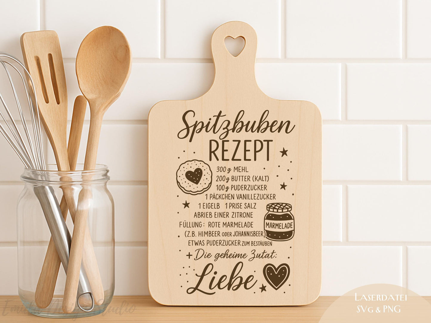 Laserdatei Weihnachtsrezepte – Spitzbuben & Heidesand – SVG PNG Gravurdatei für Holzbrettchen – Weihnachtsbäckerei Geschenkidee Küche Deko