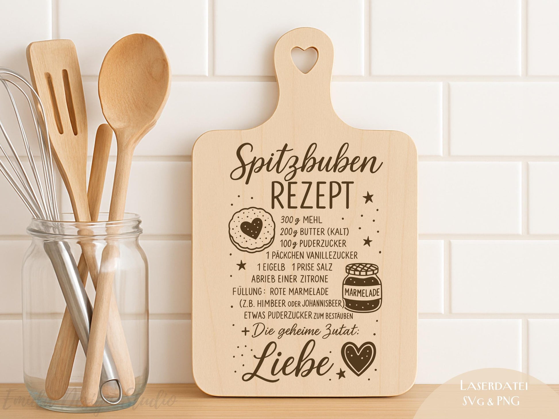 Laserdatei Weihnachtsrezepte – Spitzbuben & Heidesand – SVG PNG Gravurdatei für Holzbrettchen – Weihnachtsbäckerei Geschenkidee Küche Deko