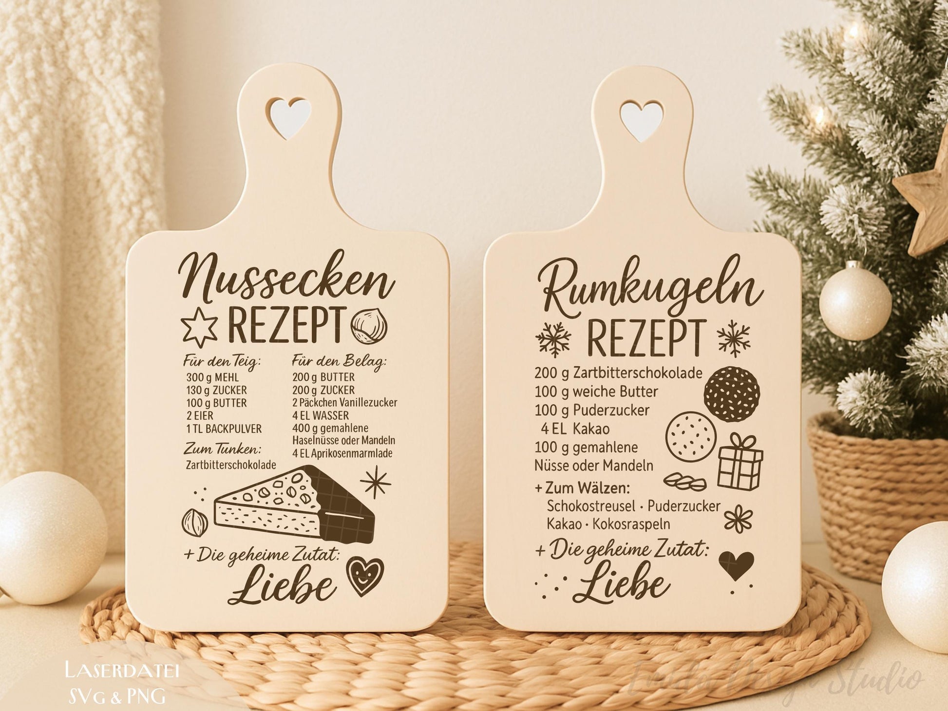 Laserdatei Weihnachtsrezepte – SVG PNG – Schneiden und Gravieren von Holzbrettchen – Rumkugeln & Nussecken – Plätzchen Rezepte Geschenkidee