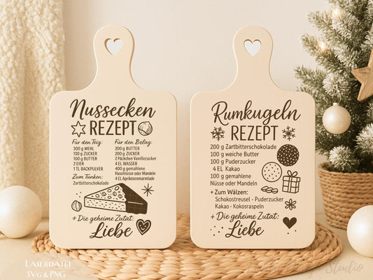 Laserdatei Weihnachtsrezepte – SVG PNG – Schneiden und Gravieren von Holzbrettchen – Rumkugeln & Nussecken – Plätzchen Rezepte Geschenkidee