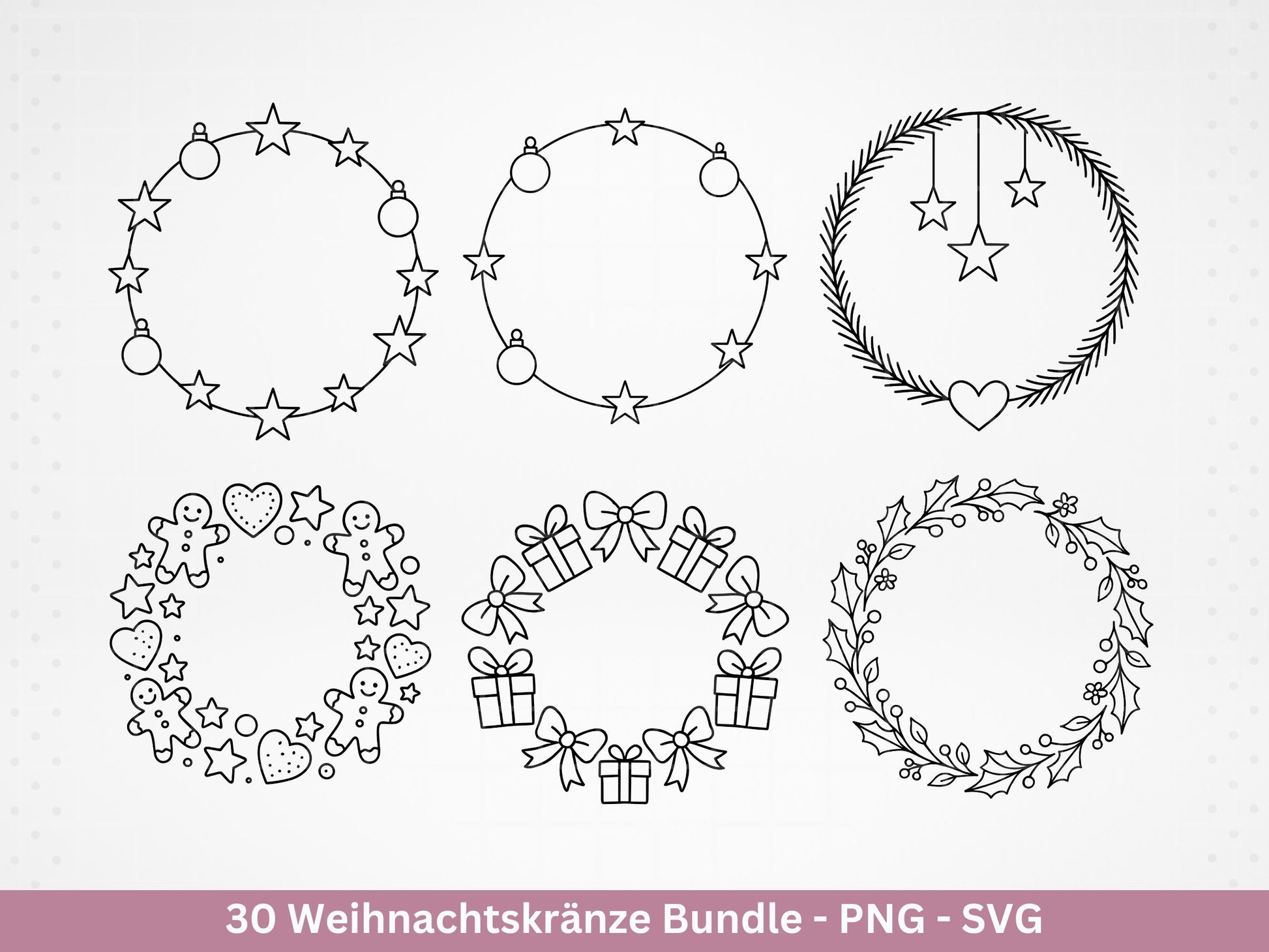 Weihnachtskränze SVG Bundle – Plotterdatei und Laserdatei | Kranz & Adventskranz Rahmen, Line Art | PNG | Cricut Silhouette | Geschenkidee