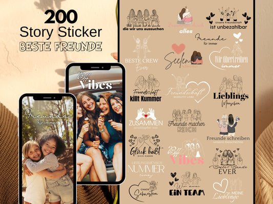 200 Story Sticker Beste Freunde – Instagram Sticker Bundle – Freundschaft Quotes PNG – Insta Stories Deko – BFF Sprüche Freundinnen Vibes
