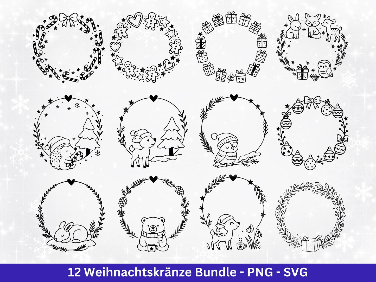 Weihnachtskränze SVG Bundle – Plotterdatei und Laserdatei | Kranz und Adventskranz Rahmen, Tiere | Cricut Datei | Geschenkidee Weihnachten