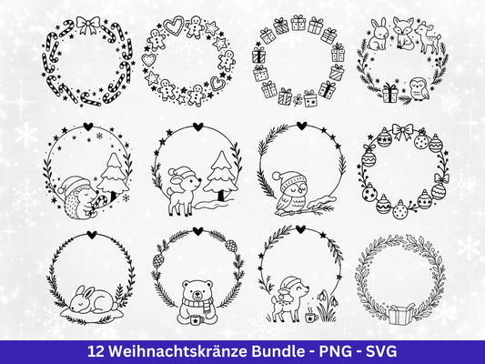 Weihnachtskränze SVG Bundle – Plotterdatei und Laserdatei | Kranz und Adventskranz Rahmen, Tiere | Cricut Datei | Geschenkidee Weihnachten