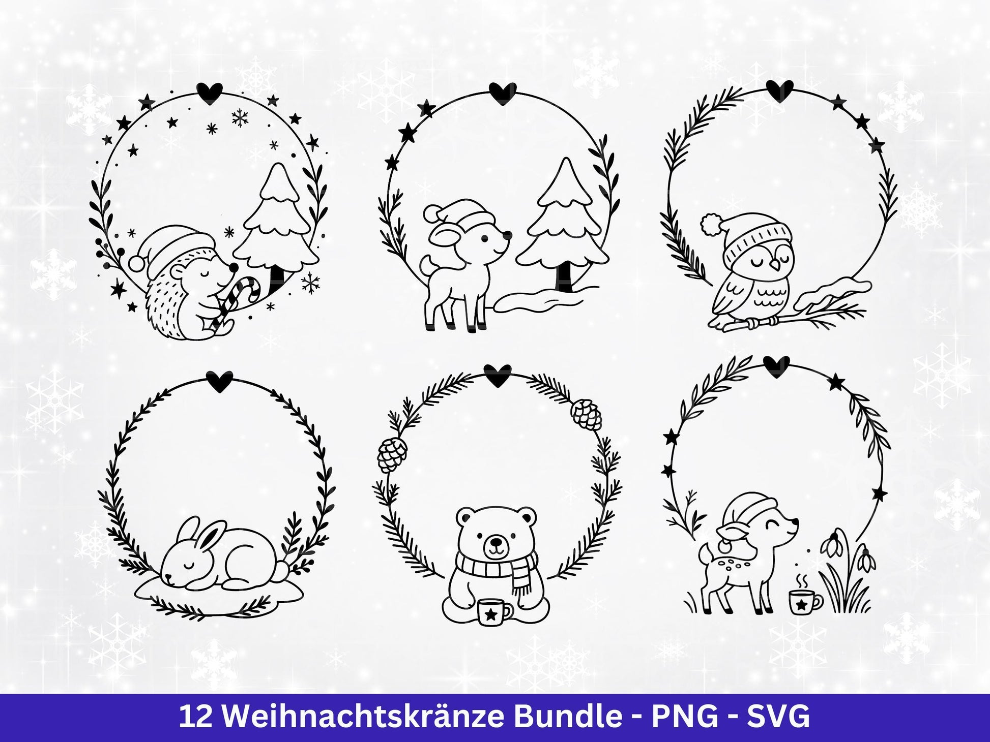 Weihnachtskränze SVG Bundle – Plotterdatei und Laserdatei | Kranz und Adventskranz Rahmen, Tiere | Cricut Datei | Geschenkidee Weihnachten