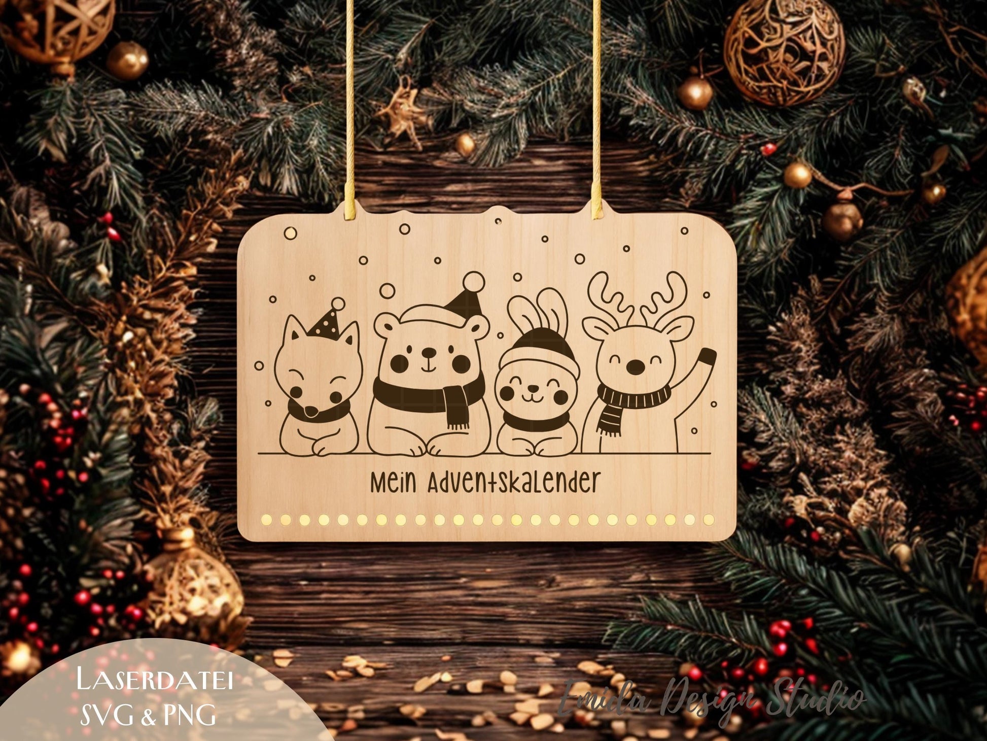 Laserdatei Adventskalender SVG & PNG – Plotterdatei Weihnachten – Weihnachtskalender Holz – Adventszahlen Anhänger - Kinder Geschenkidee DIY
