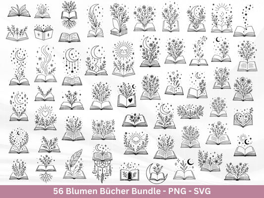 Blumenbuch SVG – Buch-SVG Bundle | Plotterdatei und Laserdatei | Offenes Buch mit Blumen/Wildblumen | Buchliebhaber | PNG Cricut Silhouette