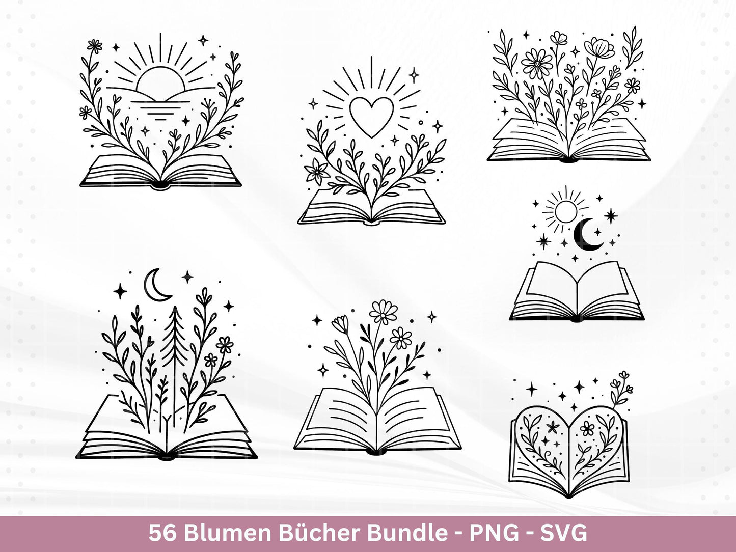 Blumenbuch SVG – Buch-SVG Bundle | Plotterdatei und Laserdatei | Offenes Buch mit Blumen/Wildblumen | Buchliebhaber | PNG Cricut Silhouette
