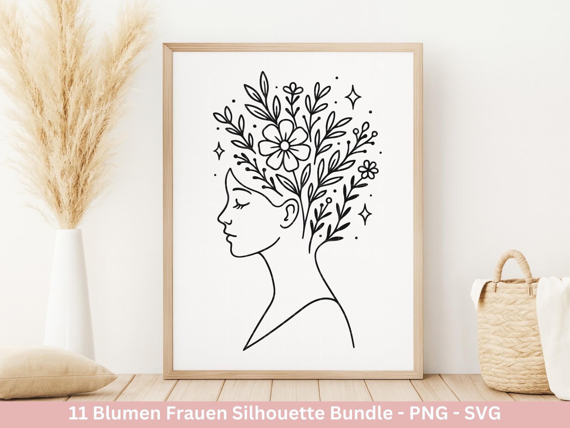 Blumen Frauen Silhouette SVG – Plotterdatei und Laserdatei | Boho Frau mit Blumen & Buch | PNG | Cricut Silhouette | Buchliebhaber Geschenk