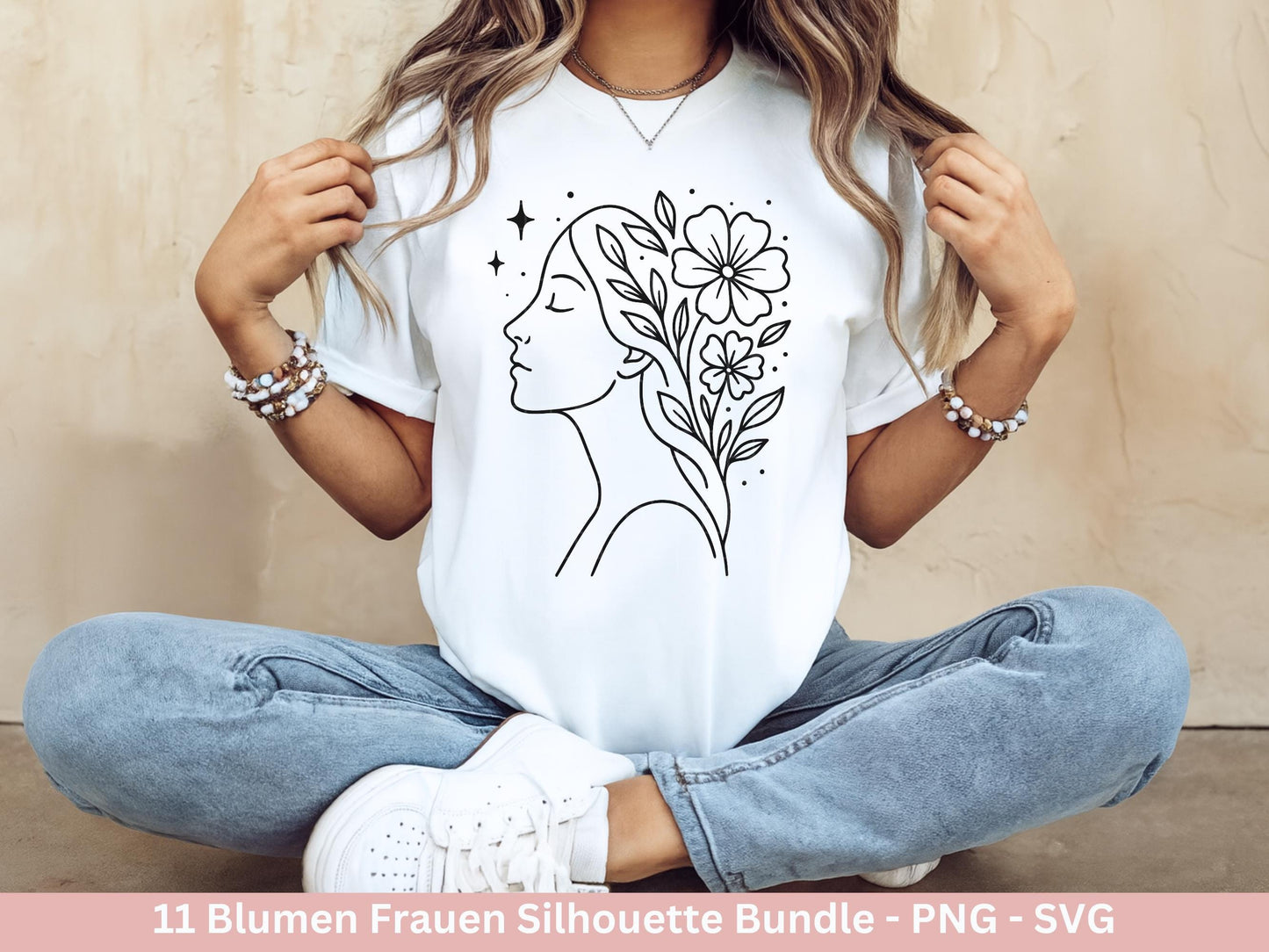 Blumen Frauen Silhouette SVG – Plotterdatei und Laserdatei | Boho Frau mit Blumen & Buch | PNG | Cricut Silhouette | Buchliebhaber Geschenk