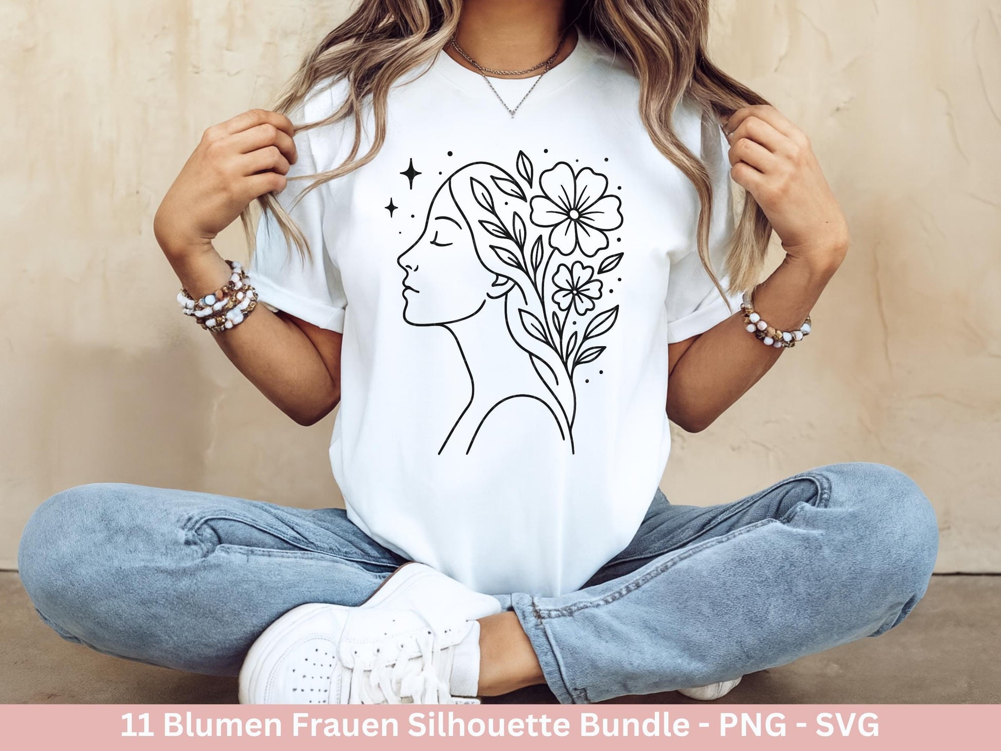Blumen Frauen Silhouette SVG – Plotterdatei und Laserdatei | Boho Frau mit Blumen & Buch | PNG | Cricut Silhouette | Buchliebhaber Geschenk
