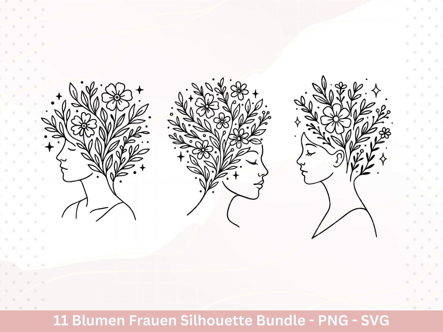 Blumen Frauen Silhouette SVG – Plotterdatei und Laserdatei | Boho Frau mit Blumen & Buch | PNG | Cricut Silhouette | Buchliebhaber Geschenk