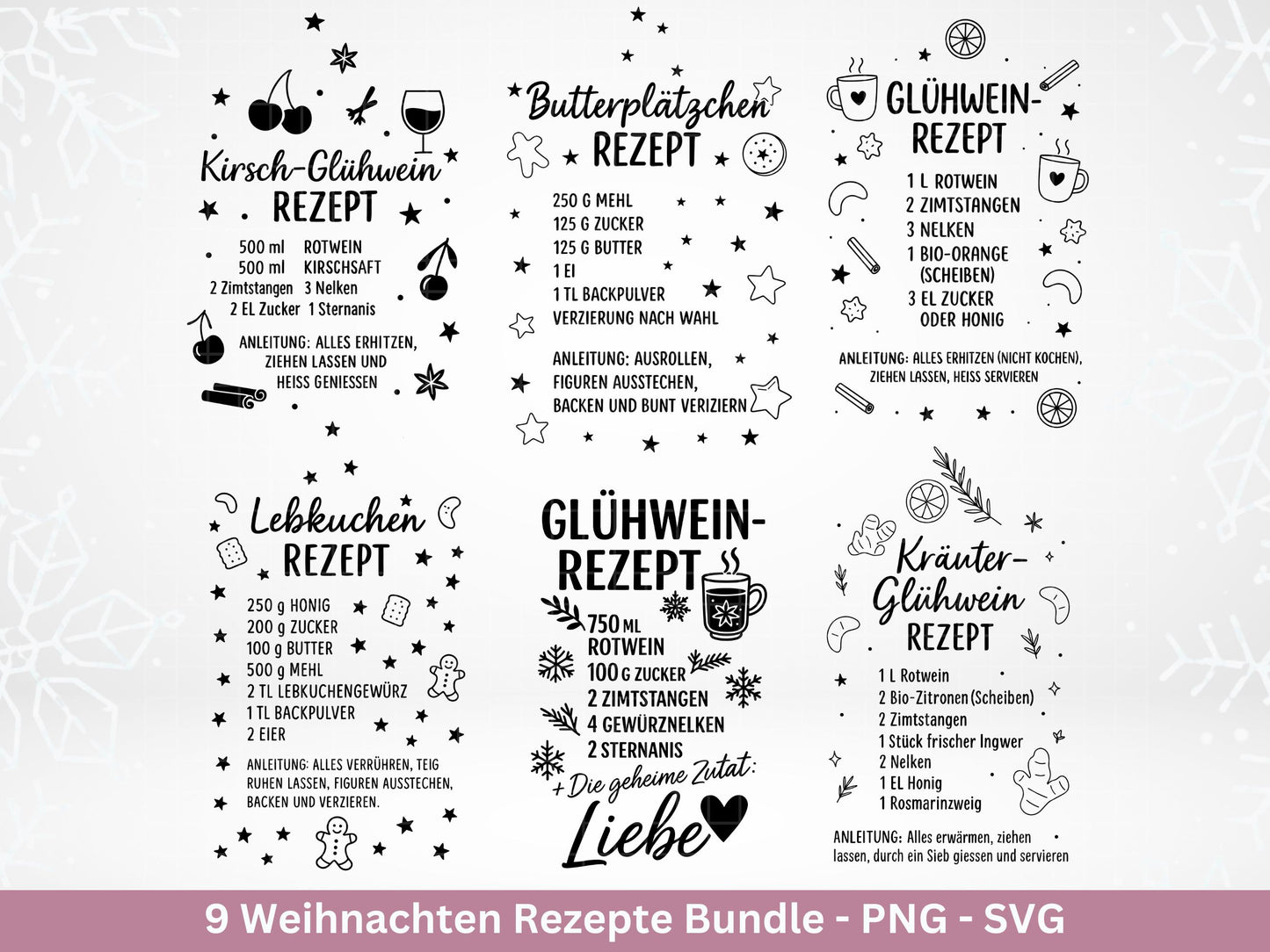 Plotterdatei & Laserdatei Weihnachtsrezepte – Rezepte SVG PNG – Glühwein Lebkuchen Bratapfel Winterpunsch – Weihnachten Geschenk Cricut