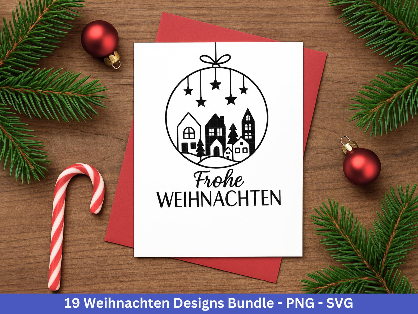 Weihnachten SVG Bundle – Plotterdatei & Laserdatei | Deutsche Sprüche Wintermotive (Kranz, Dorf, Kirche, Schneekugel) | PNG SVG | Cricut