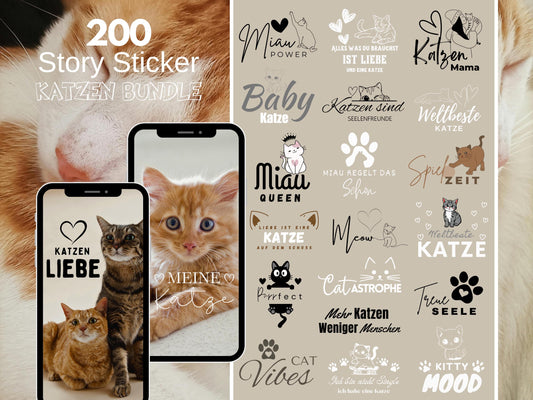 Katzen Story Sticker – 200 PNG Bundle | Daily Basic | Alltag & Haustier | Clipart | Deutsche Cat Stickers für Instagram, Reels, WhatsApp